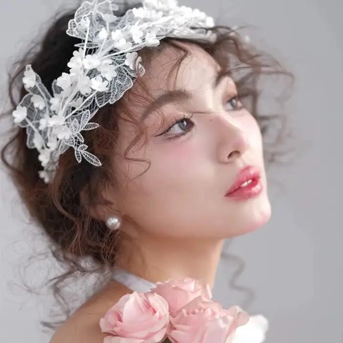 Élégant serre-tête de mariée en dentelle avec fleurs blanches, style français, accessoires de cheveu
