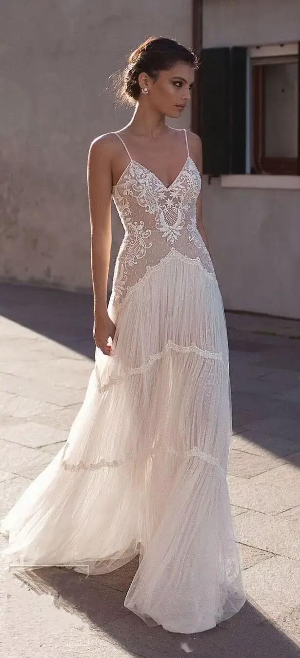 LORIE – robe de mariée bohémien en dentelle, col en v, bretelles Spaghetti, sans manches, en Tulle, 
