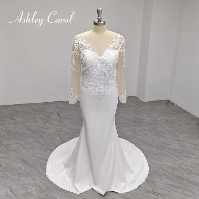 Ashley Carol robe De mariée sirène photos réelles Appliques classiques bouton brosse Train Satin rob