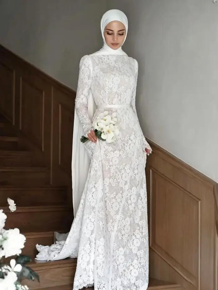 Robes de mariée Mophiel Hijab à manches longues, col montant, en dentelle, pour mariée musulmane, ro