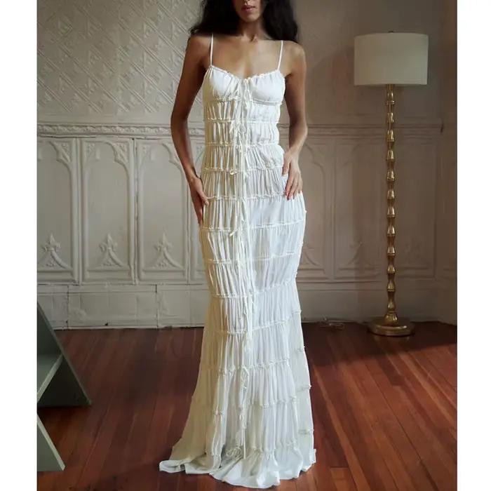 Robe à bretelles sexy pour femmes, jupe longue plissée en dentelle, style européen et américain, pol
