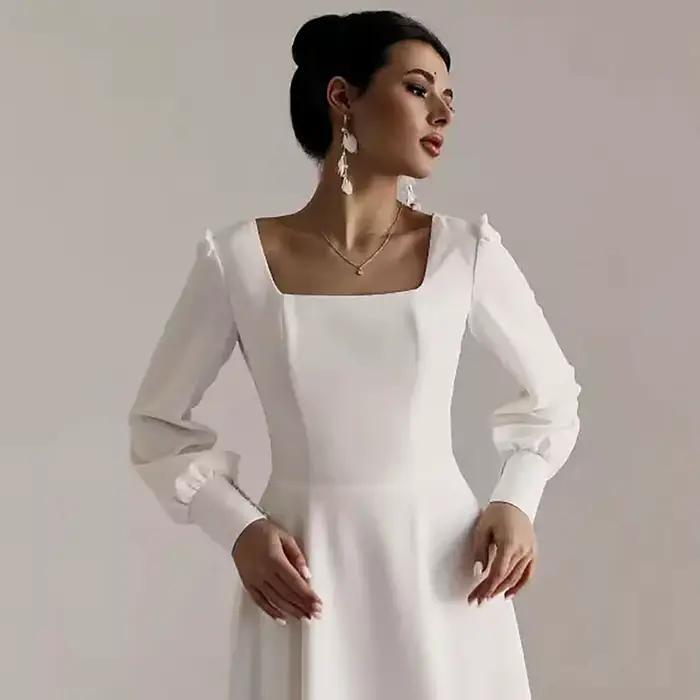 Robe de Mariée Arabe Élégante en Satin à Manches sulfet Col Carré, Vêtement Modeste sur Mesure, de P