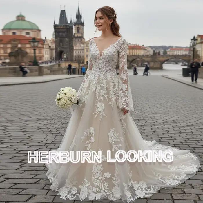 HERBURN Robes de mariée délicates en forme de A pour femmes, avec appliques en dentelle, col en V, p