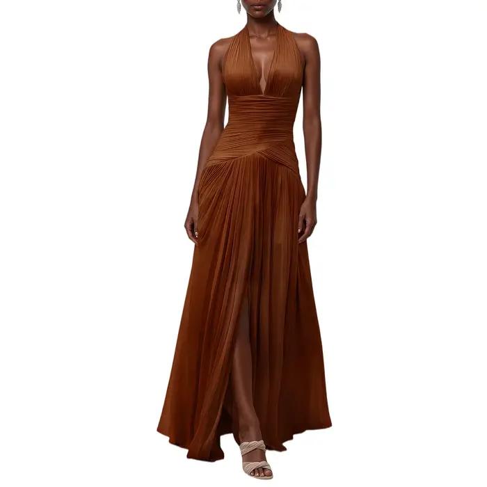 Robe de soirée marron en mousseline de soie, coupe trapèze, sans manches, plissée, pour bal de promo