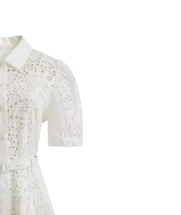 Robe brodée blanche pour femmes, manches courtes et taille pour dames de bureau, robe chemise élégan