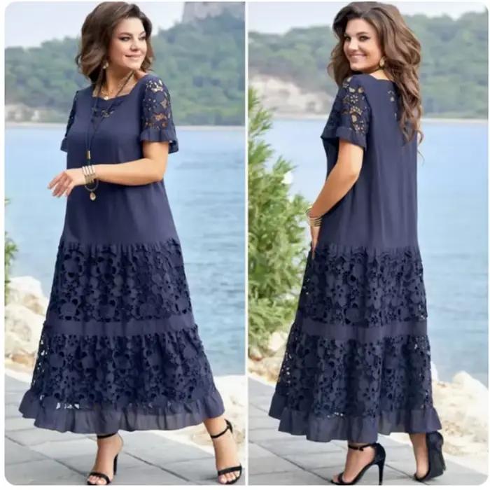 Robe longue femme coupe trapèze Y2K Streetwear à manches courtes, dentelle ajourée, patchwork, éléga
