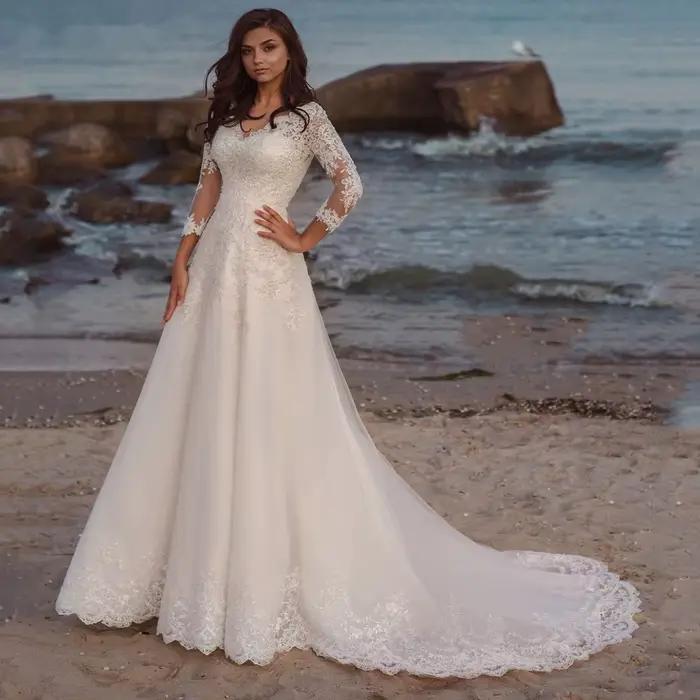 Robe De mariée longue élégante, manches longues, col en V, avec des Appliques en dentelle, ligne A, 