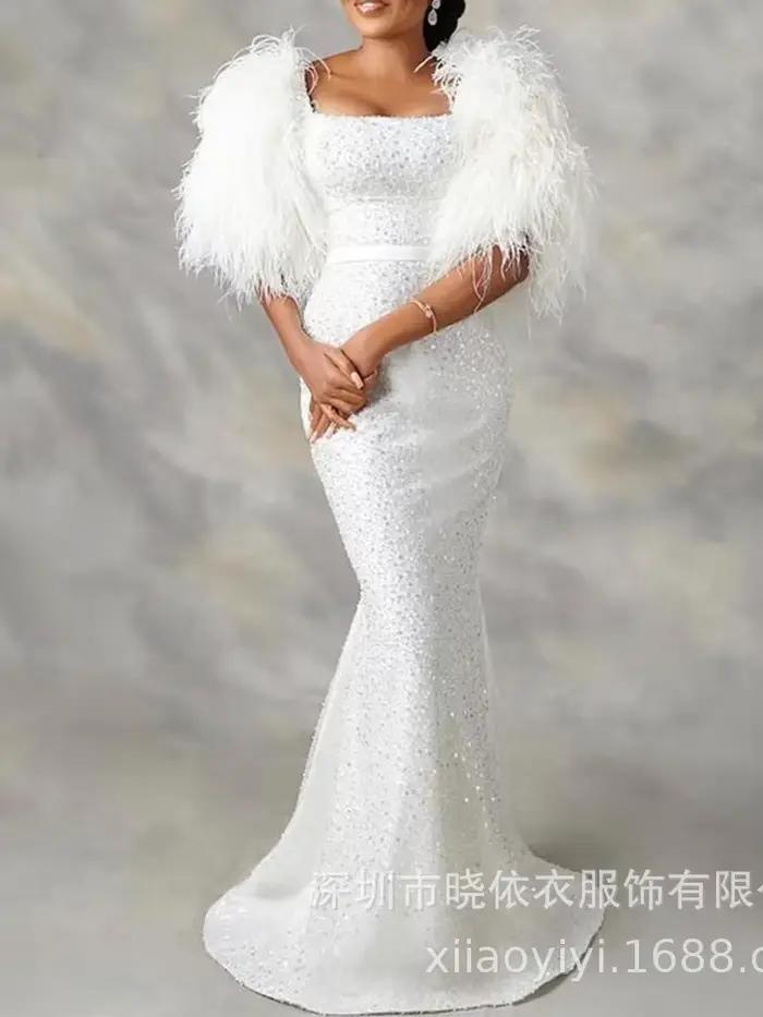 Robe longue en plumes taille haute pour femmes, robe de soirée, robe de soirée, robe de mariage, rob
