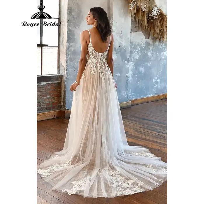Robe de mariée romantique Roycebridal à col rond en dentelle florale, coupe trapèze, doublure nude, 