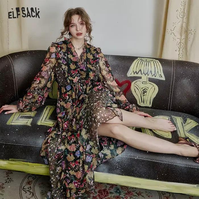 Robe longue en mousseline de soie florale à volants