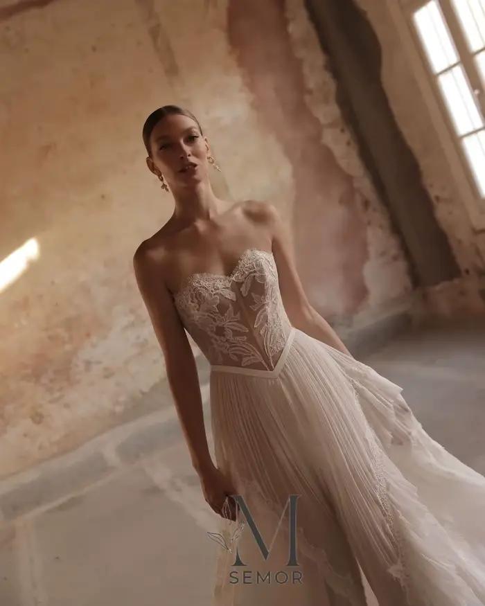 Robe de mariée plissée élégante en dentelle coupe trapèze Semor 2026, col cœur, sans manches, personnalisable, Vestidos Novias Boda