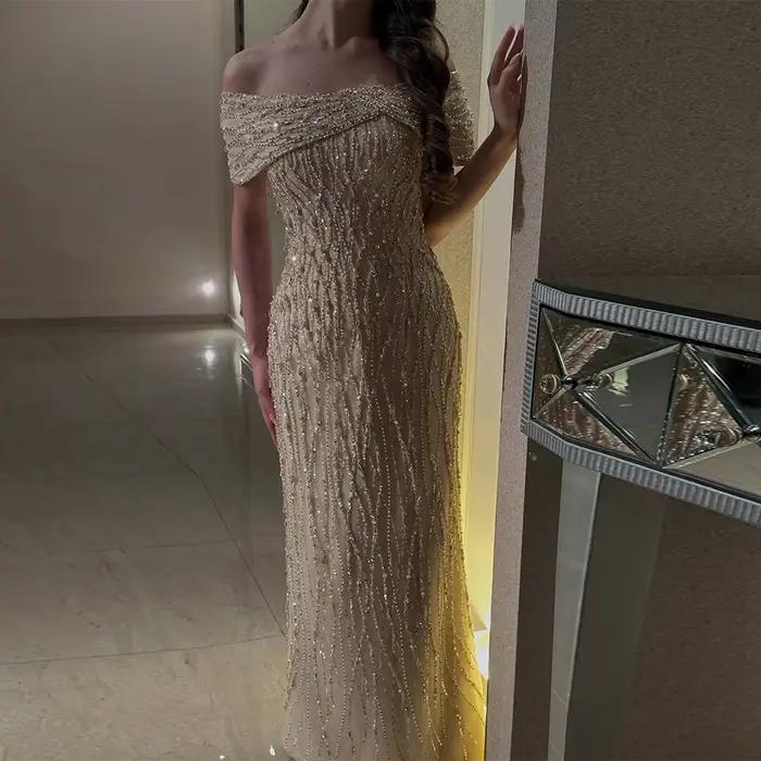 Robe de soirée personnalisable en polyester pailletée et perlée sans manches col bateau pour femmes soirées formelles mariages proms occasions spéciales