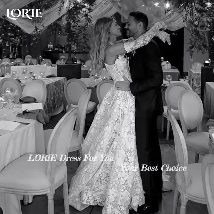 LORIE Vintage dentelle a-ligne robes de mariée manches longues brosse Train