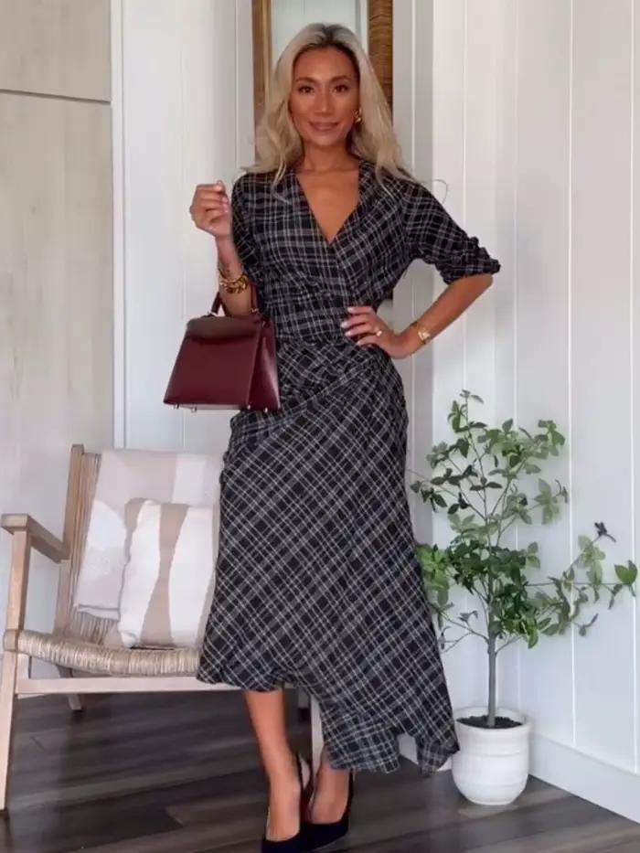 HH femme élégante col en v Plaid plissé décoration manches longues robe mi-longue femme mode taille haute ourlet asymétrique robe mince