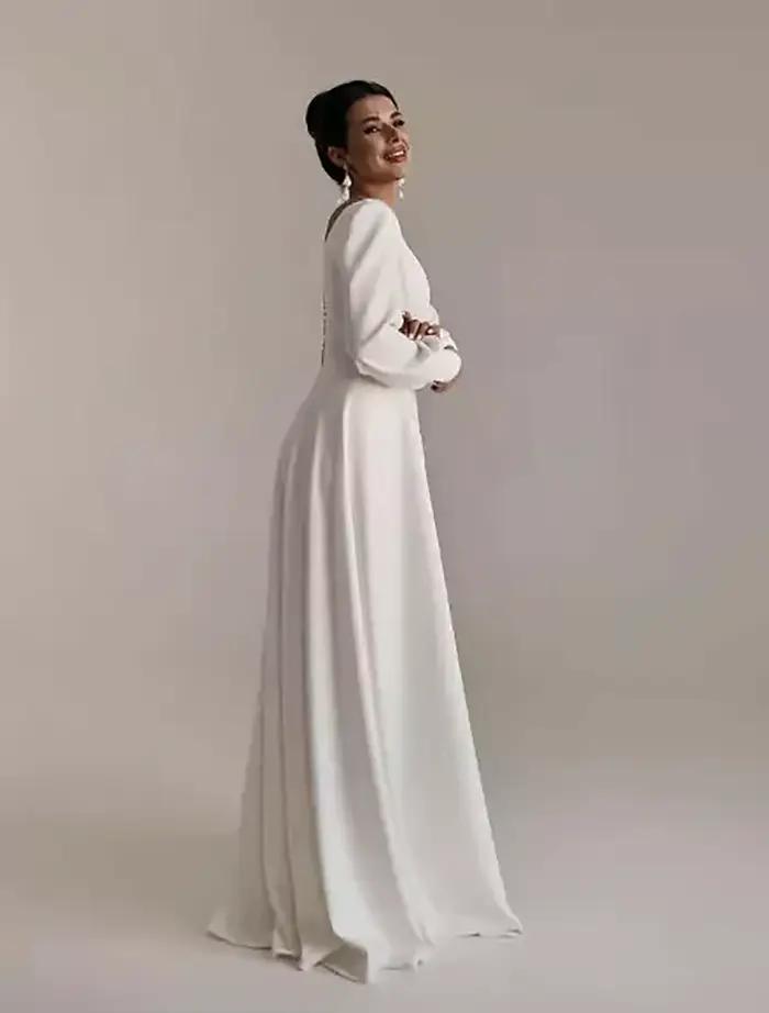 Robe de Mariée Arabe Élégante en Satin à Manches sulfet Col Carré