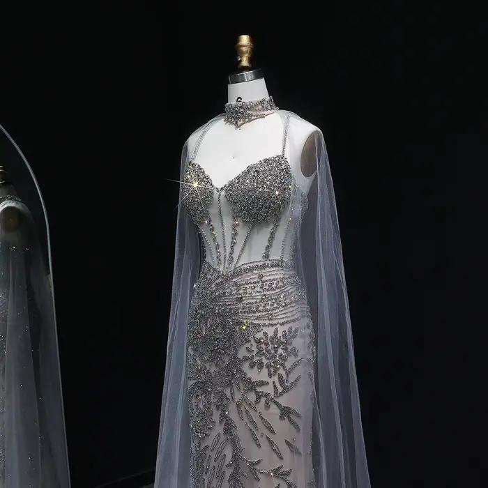 Sharon Said luxe Champagne sirène robe de soirée avec Cape pour les femmes de mariage noir robes de bal arabe SS071 personnalisé