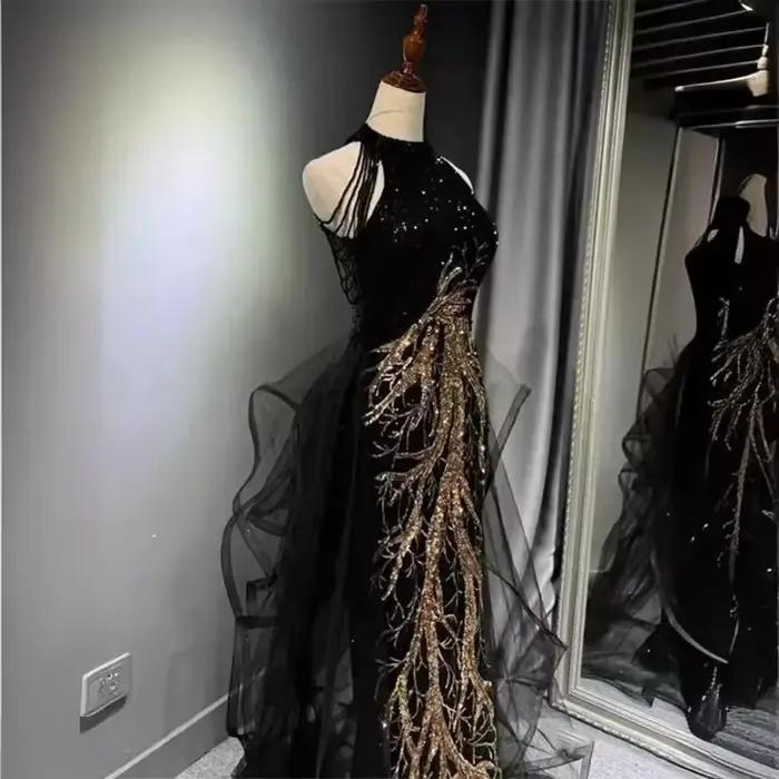 Femmes robes de soirée noir sens avancé mince tempérament célébrité hôte cou queue de poisson jupe mariage Toast robe pour femme