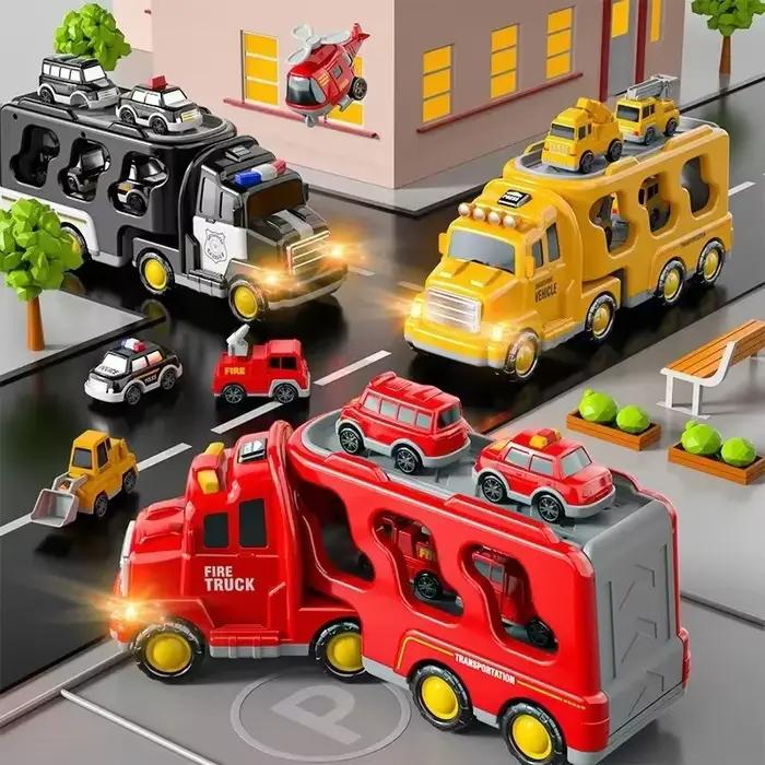 Jouet de camion transporteur de grande taille – Ensemble de véhicules d'ingénierie/incendie/police avec entraînement à friction, effets sonores et large stockage |   Enfant en bas âge