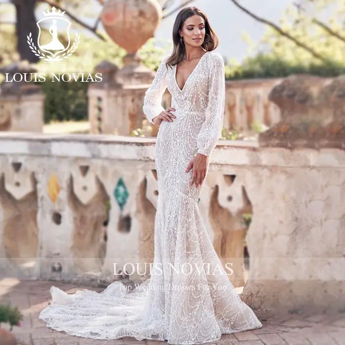 LOUIS NOVIAS robes De mariée sirène pour femmes Champagne col en v dos nu fermeture éclair manches bouffantes robe De mariée robes De Novia