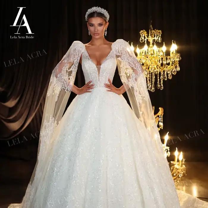 Magnifique robe de mariée trapèze 2026 luxe col en v 2 en 1 cape princesse