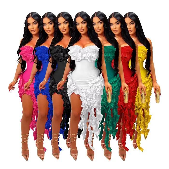 Robe de soirée élégante en polyester et élasthanne avec volants en cascade pour femmes occasions spéciales