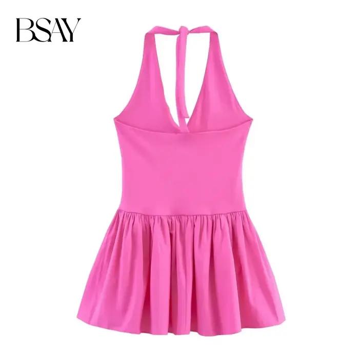 BSAY robe pour femmes mode été nouvelle couleur unie licou col en v dos nu Mini robes français Chic femme vêtements de soirée