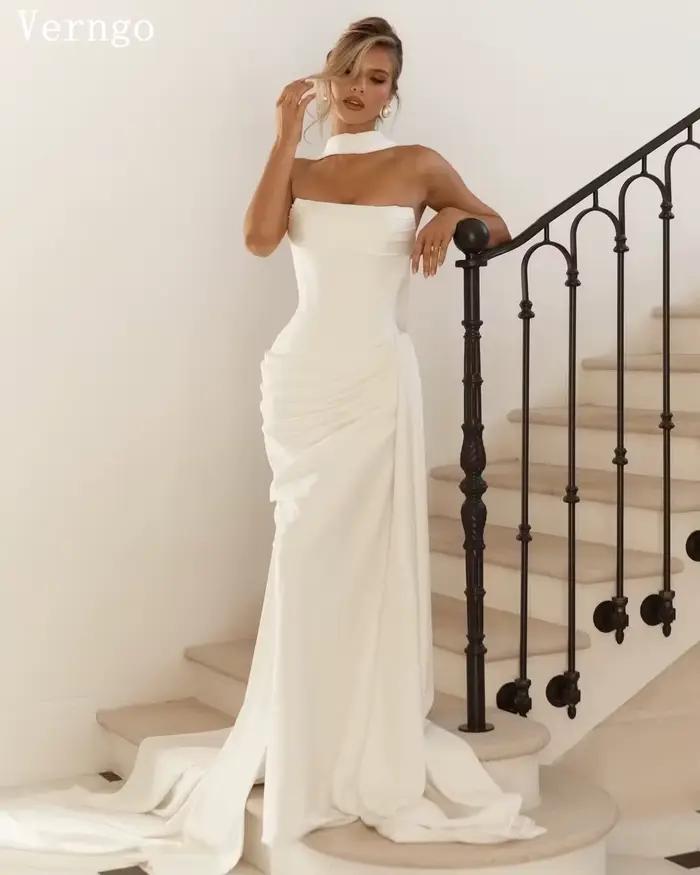 Verngo ivoire crêpe robe de mariée sans bretelles sirène plissée robes