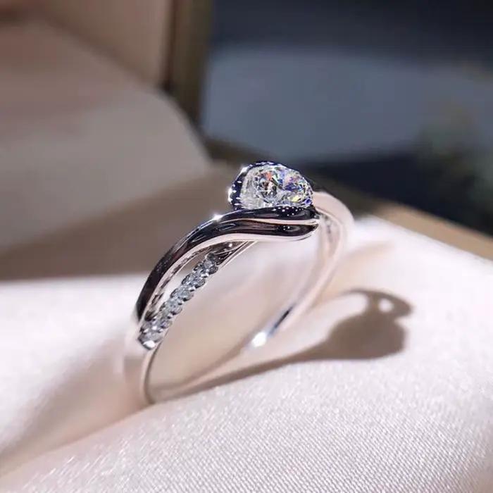 Bague de promesse élégante en argent Sterling 925, Solitaire en Zircon, Surround soyeux, bijoux de fiançailles et de mariage