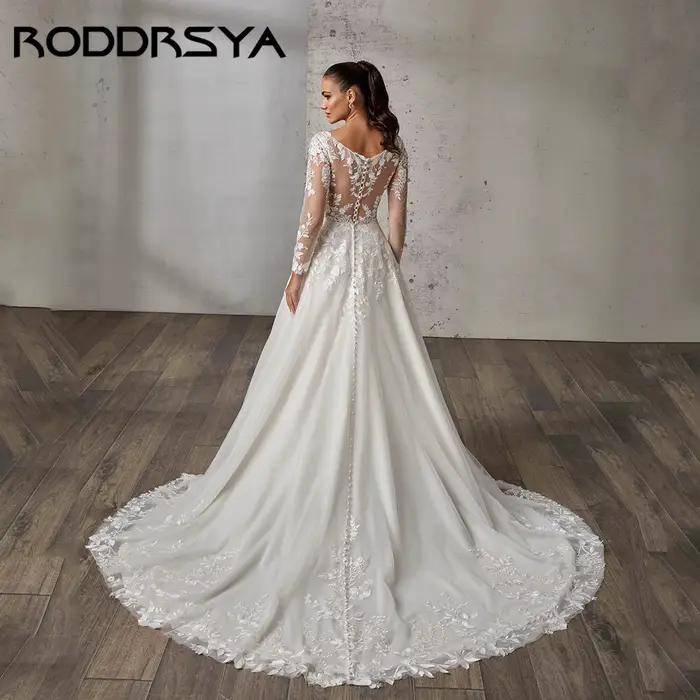 RODDRSYA rêveur a-ligne robe de mariée à manches longues Illusion dos robes