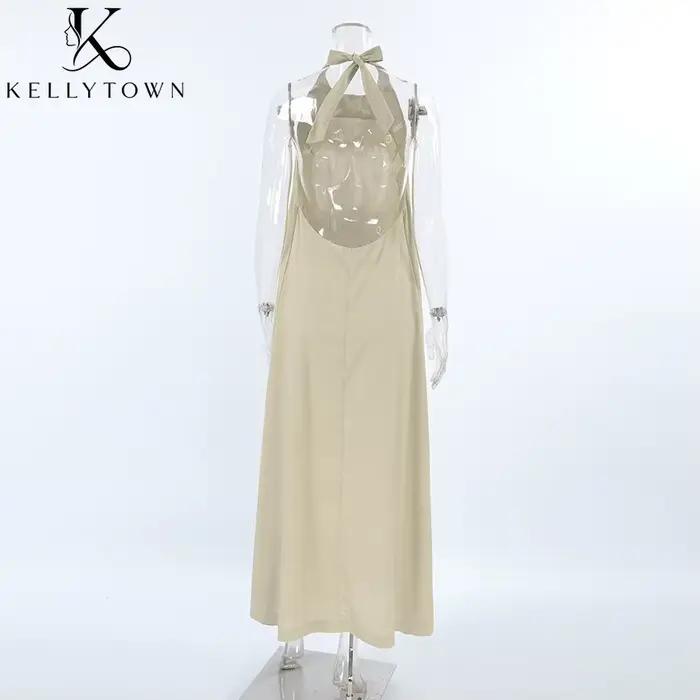 Robe longue d'été en coton et lin kaki pour femme