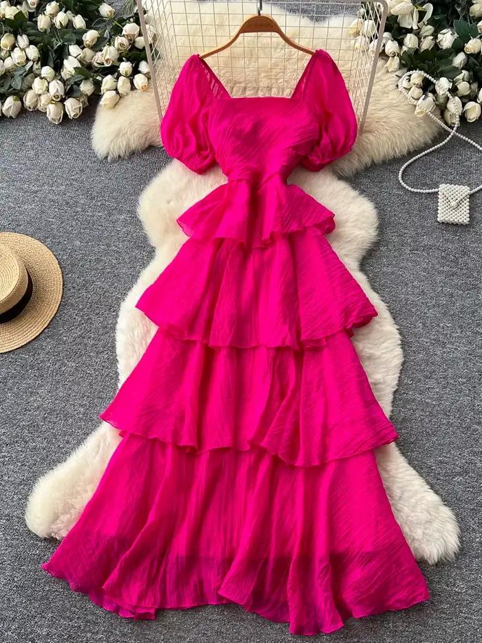 Robe longue d'été pour femme à col carré et manches bouffantes