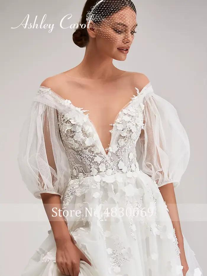 Ashley Carol-Robe de mariée sexy à col en V profond et manches bouffantes, robes de mariée A-Line, appliques de patients, fleurs, BO00-