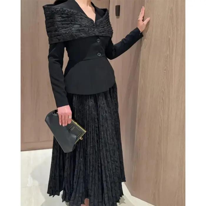 Costume élégant robe de soirée longueur cheville à manches longues col en v