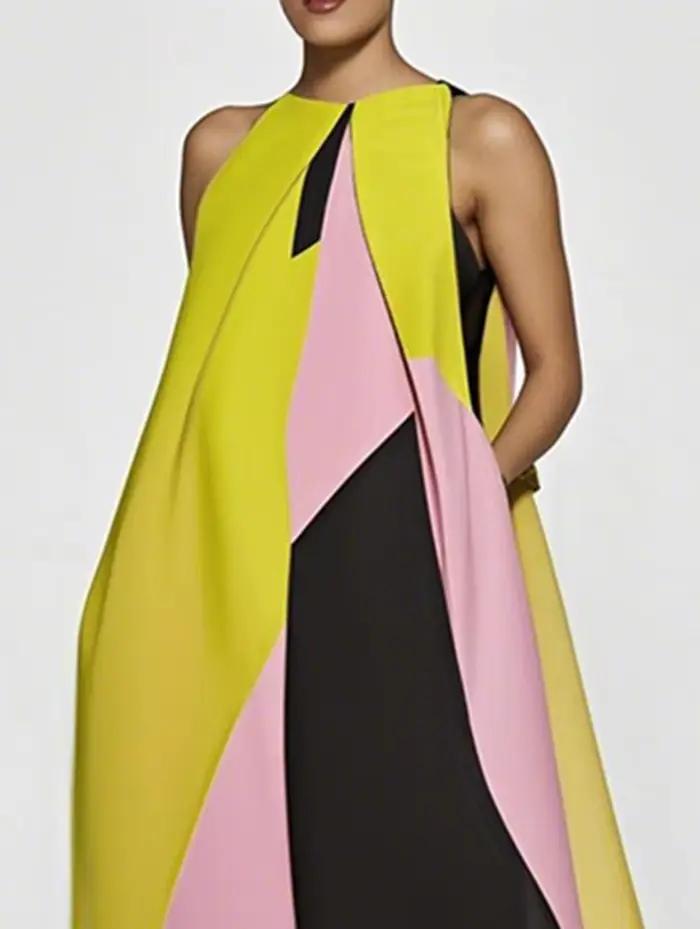 Yeezzi 2025 nouvelle robe trapèze de vacances d'été pour les femmes mode bloc de couleur plissé col rond décontracté week-end sortir robes Maxi