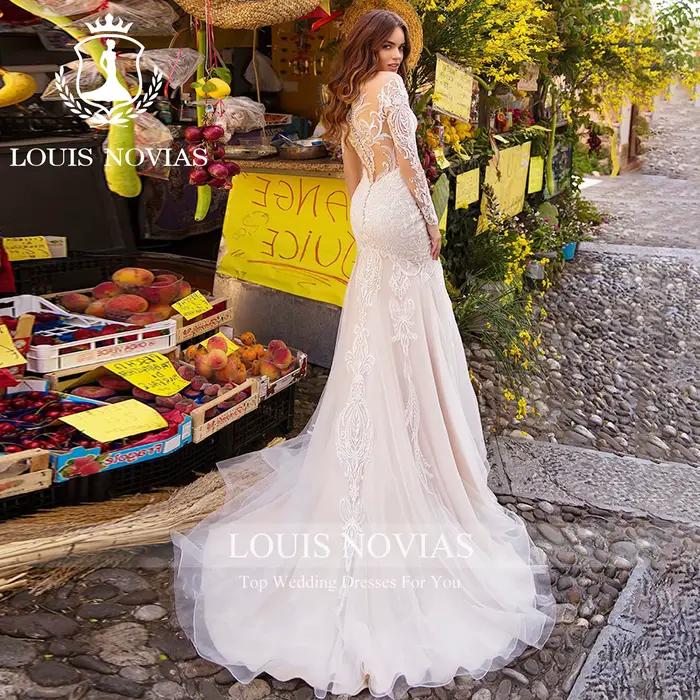 LOUIS NOVIAS sirène à manches longues robes de mariée chérie broderie Illusion bouton détachable Train 2 IN1 robe