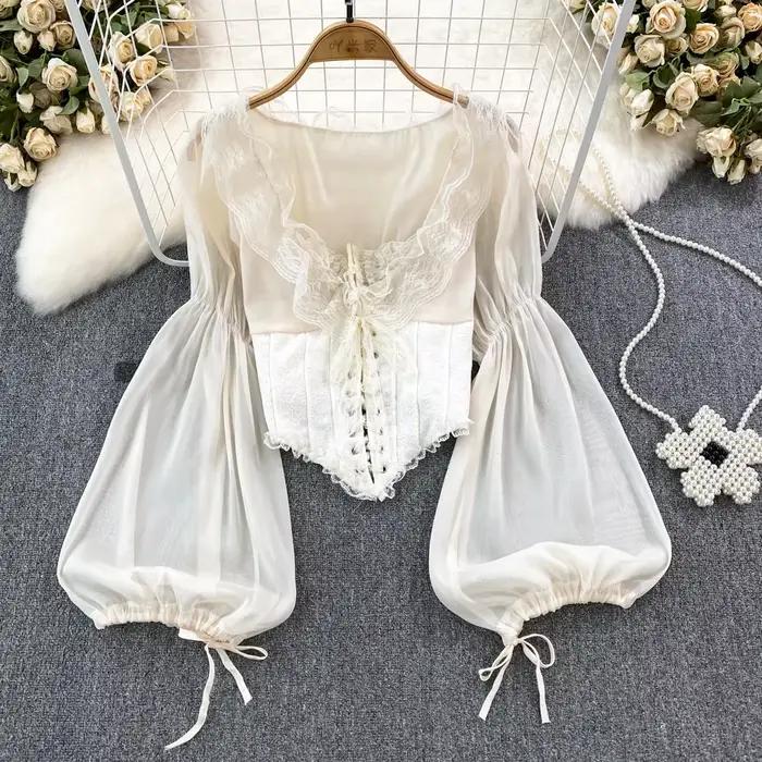 Chemisier Chic femmes 2023 mousseline de soie dentelle à lacets Patchwork élégant Blusas broderie Blouses pour femme cour française rétro livraison directe