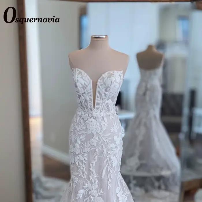 Osquernovia robes De mariée chérie attrayantes dentelle Appliques sirène Corset sans manches bouton