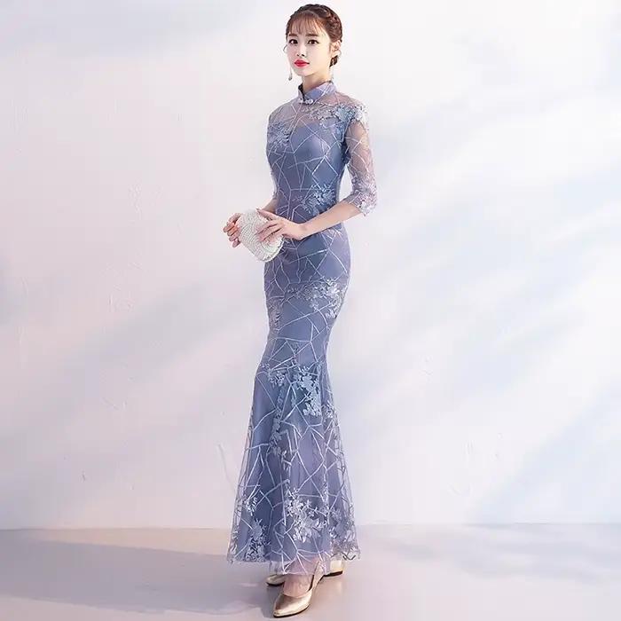Robe sirène grise à col Mandarin pour femmes