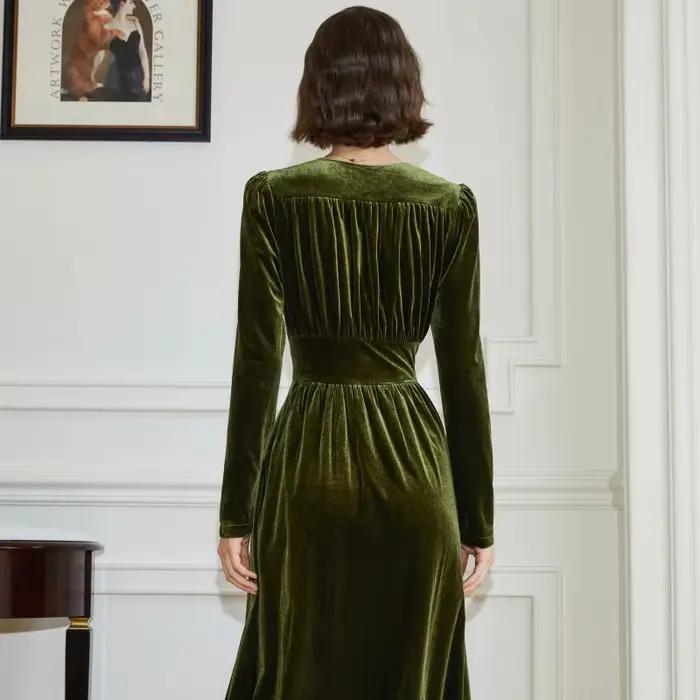 Robe en velours à col en V pour femme