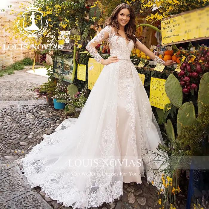 LOUIS NOVIAS sirène à manches longues robes de mariée chérie broderie Illusion bouton détachable Train 2 IN1 robe