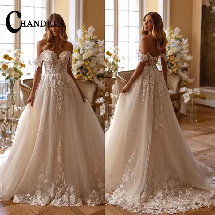 CHANDELA robe de mariée romantique personnalisée chérie épaules dénudées paillettes appliques balayage Train dos nu une