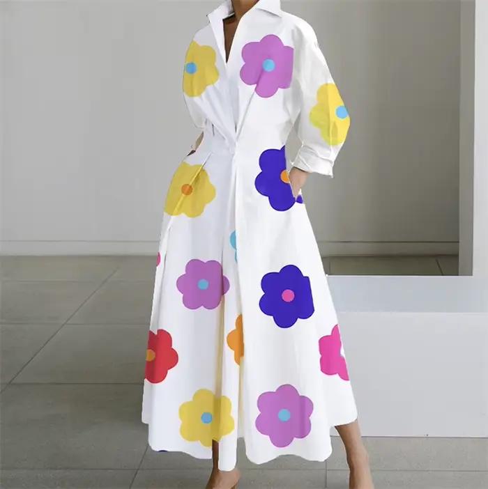 Robe élégante grande taille pour femmes, polyester, manches 3/4, col en V, revers, imprimé, décontractée, pour soirées, mariages, cocktails d'affaires