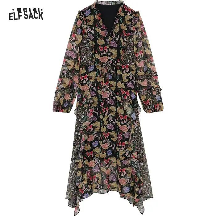 Robe longue en mousseline de soie florale à volants