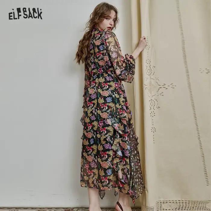Robe longue en mousseline de soie florale à volants