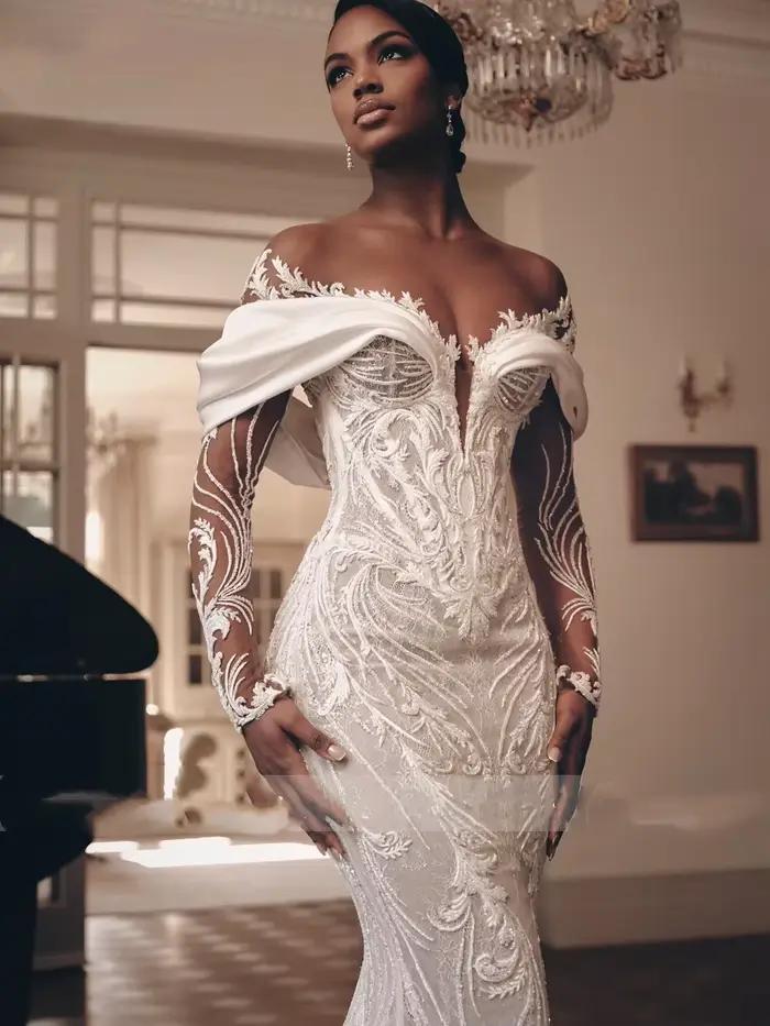 Luxe dentelle 2 en 1 robe de mariée sirène perles broderie Illusion cou trompette robes