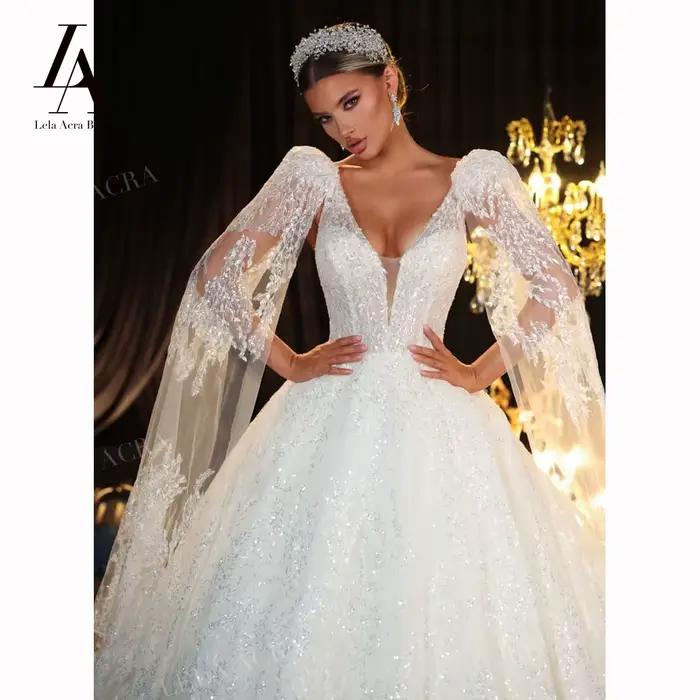 Magnifique robe de mariée trapèze 2026 luxe col en v 2 en 1 cape princesse