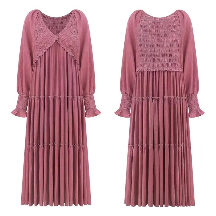 Robe longue femme vintage col en V manches longues ample Y2K taille haute froncée décontractée été 2026 élégante légèrement extensible