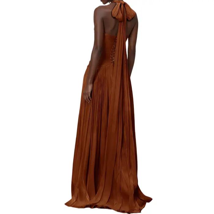 Robe de soirée marron en mousseline de soie