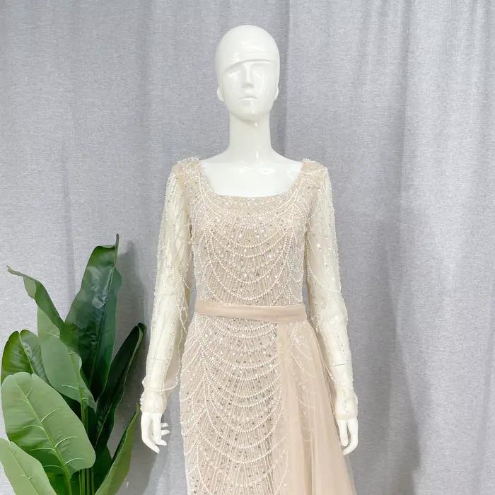Robe Sirène Élégante à Manches avec Traîne Amovible pour Femmes Musulmanes, Paillettes, Perles, Soirée Officielle, Occasions Spéciales