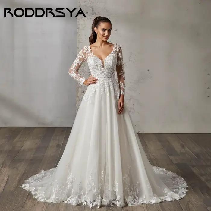 RODDRSYA rêveur a-ligne robe de mariée à manches longues Illusion dos robes